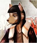  black_nose canine cigarette clothed clothing female fox graffiti haibane_renmei hair jacket mammal reki shirt smoking solo svartvarg 