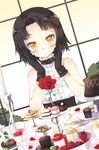  artist_request black_hair blush cake checkerboard_cookie choker cookie corset cup cupcake dutch_angle flat_chest flower food frills fruit gloves lowres petals rose short_hair sita_vilosa solo strawberry sword_girls table tiered_tray yellow_eyes 