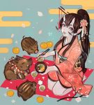  1girl 2019 :p alpaca_carlesi boar breasts brown_eyes brown_hair chopsticks commentary earrings english_commentary feeding food fruit hair_between_eyes hair_ornament hair_stick horns japanese_clothes jewelry kimono long_hair looking_at_viewer mandarin_orange mole mole_under_mouth new_year obi oni oni_horns original pale_skin petals pointy_ears rope sash seiza shimenawa sitting small_breasts smile solo_focus tongue tongue_out tusks 