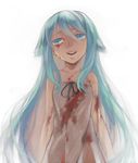  alternate_hair_color blood blood_on_face bloody_clothes bloody_tears blue_hair dress long_hair qiangzi saya saya_no_uta solo tears white_dress 