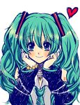  aqua_eyes aqua_hair bad_id bad_pixiv_id bare_shoulders blue_eyes blush bracelet chin_rest closed_mouth curly_hair detached_sleeves eyelashes face hands hands_on_own_cheeks hands_on_own_face hatsune_miku heart highres jewelry long_hair looking_at_viewer maya_(many_pictures) necklace necktie simple_background smile solo star tattoo twintails vocaloid 