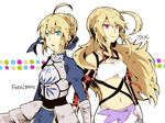  ahoge armor artoria_pendragon_(all) bad_id bad_pixiv_id blonde_hair blue_eyes braid copyright_name fate/stay_night fate_(series) gloves hair_ribbon hair_up long_hair look-alike midriff milla_maxwell multiple_girls navel red_eyes ribbon saber shirt short_hair sketch skirt strapless tales_of_(series) tales_of_xillia taut_clothes taut_shirt tubetop waltz_(tram) 