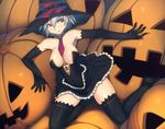  :q bare_shoulders black_legwear blush breasts dress elbow_gloves gloves halloween hat jack-o'-lantern large_breasts mahito necktie no_shoes original pumpkin red_eyes short_hair silver_hair solo strapless strapless_dress thighhighs tongue tongue_out witch_hat 