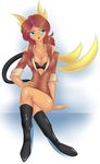  blue_eyes boots breasts cleavage clothed clothing eyewear female glasses hair long_hair long_red_hair nintendo pinup pok&#233;mon pok&#233;morph pok&eacute;mon pok&eacute;morph pose rachel raichu red_hair shirt simple_background sitting solo steel_tigerwolf video_games 