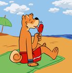  beach black_nose canine claws clothing dog eyes_closed licking male mammal popsicle seaside shorts solo swimming_trunks swimsuit tail tongue vasuki wristband 