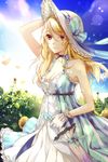  bare_shoulders blonde_hair bow breasts choker cleavage cocoon_(loveririn) dress flower gloves hat lace long_hair lowres medium_breasts petals pink_eyes ribbon rose_pacifica solo striped sun_hat sunflower sword_girls umbrella vertical_stripes 