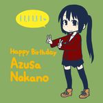  black_hair blush brown_eyes character_name double_v happy_birthday hizaki_ryuuta k-on! long_hair nakano_azusa skirt smile solo sweater twintails v 