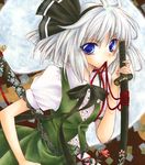  aoi_yuuka_(ao_no_kokoro) blue_eyes hair_ribbon katana konpaku_youmu konpaku_youmu_(ghost) marker_(medium) mouth_hold pastel_(medium) ribbon short_hair short_sleeves silver_hair solo sword touhou traditional_media watercolor_(medium) weapon 