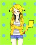  angry animal_ears black_hair blonde_hair blue blush crossed_arms gold_eyes jacket kemonomimi looking_away looking_to_side moemon open_clothes open_jacket personification pikachu pokemon solo tail yellow_eyes 
