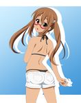  ass bikini brown_eyes brown_hair dark_skin fukuoka_katsumi glasses hinata_(fukuoka_katsumi) long_hair looking_back nail_polish original shadow shorts skindentation solo swimsuit thong_bikini whale_tail 