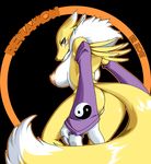  anthro big_breasts blue_eyes breasts butt canine digimon e! facial_markings female fox gloves looking_back mammal markings nipples pinup pose puffy_nipples pussy renamon side_boob solo standing tail 