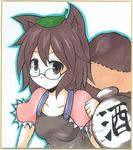  animal_ears brown_dress brown_eyes brown_hair dress futatsuiwa_mamizou glasses leaf leaf_on_head marker_(medium) mochizuki_ado raccoon_ears raccoon_tail shikishi short_hair solo tail touhou traditional_media 