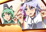  3girls against_glass blonde_hair blush dress drooling food green_dress green_eyes green_hair grey_eyes hat japanese_clothes kariginu mononobe_no_futo multiple_girls open_mouth pink_dress pudding silver_hair soga_no_tojiko touhou toyosatomimi_no_miko umakatsuhai white_dress window 