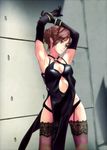  armpits arms_up blue_eyes bra_strap brown_hair dead_or_alive derivative_work dress elbow_gloves garter_belt gloves highres kobiemon lei_fang pelvic_curtain solo thighhighs 