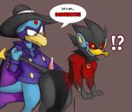  !? anthro beak bent_over bottomless chimangetsu cum darkwing_duck dialog dialogue duo english_text erection female from_behind gem golduck grey_background halloween hat holidays kayla-na luxray male mel_the_hybrid morgana_mccawber nintendo penis plain_background pok&#233;mon standing straight tail_pull teeth text uncensored video_games 