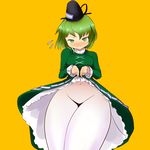  blush dress dress_lift flying_sweatdrops frown ghost_tail green_dress green_eyes green_hair groin hat long_sleeves multiple_tails navel short_hair simple_background skirt skirt_lift soga_no_tojiko solo tail tate_eboshi touhou yakumo_kuroo 