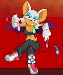  bat big_breasts blue_eyes breasts cleavage clothed clothing condom cum female half-closed_eyes looking_at_viewer mammal rouge_the_bat sega smile sofa solo sonic_(series) sonic_riders sports_bra tail 