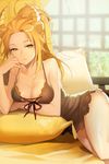  animal_ears bed blonde_hair breasts chemise cleavage hand_on_own_cheek hand_on_own_face horns lace large_breasts lion lion_ears long_hair lowres nold official_art pillow ponytail ribbon salt_(salty) smile solo sword_girls yellow_eyes 