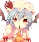  ascot bad_id bad_pixiv_id bat_wings blue_hair food hat mouth_hold pocky red_eyes remilia_scarlet short_hair solo touhou wings yamasuta 