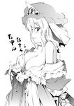  bare_shoulders blush breasts cleavage dress greyscale hat large_breasts monochrome nikke_(cherish) off_shoulder open_clothes open_dress saigyouji_yuyuko short_hair solo touhou translated 