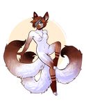  anthro breasts brown_hair canine cat catsune chest_tuft feline female fox fur green_eyes hair hybrid kitsucat mammal midriff multiple_tails navel nekophoenix nipples nude pinup pose pussy shizuka solo stripes tail tuft 