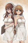  apron artist_request bangs blunt_bangs blush braid breasts brown_hair chief_maid cleavage clipboard frills glasses green_eyes large_breasts long_hair lowres maid maid_headdress mop_maid multiple_girls naked_apron sepia_background short_hair sword_girls 