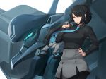  1girl bangs black_hair black_shirt blue_neckwear breasts closed_mouth collared_shirt commentary commission dress_shirt english_commentary grey_skirt high_ponytail highres holding holding_jacket jacket jacket_over_shoulder large_breasts long_hair looking_at_viewer mecha naoko_(9113419) orange_eyes original pantyhose pencil_skirt ponytail robot shirt skirt solo standing 