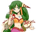  &gt;:) feena_(grandia) grandia grandia_i green_eyes green_hair hair_ornament hair_tubes jewelry long_hair low-tied_long_hair midriff necklace shinmai_(kyata) smile solo v v-shaped_eyebrows white_background wide_sleeves 