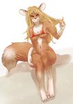  bikini blonde_hair bottomless breasts brown_nose canine cleavage clothed clothing female fox hair long_blonde_hair long_hair mammal navel nicroze orange_eyes sitting skimpy solo swimsuit wide_hips 
