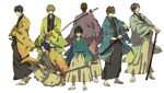  alternate_costume atobe_keigo black_hair blonde_hair brown_hair echizen_nanjirou echizen_ryooma hageee haori highres japanese_clothes katana male_focus multiple_boys shiraishi_kuranosuke simple_background sword tennis_no_ouji-sama tezuka_kunimitsu weapon yanagi_renji yukimura_seiichi 