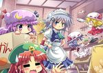  &gt;_&lt; :3 =_= anger_vein apron bat_wings blonde_hair blue_eyes blue_hair blush box braid chair chibi chicken_(food) closed_eyes colonel_aki egg falling flandre_scarlet flying food frying_pan hat hong_meiling in_box in_container izayoi_sakuya kitchen knife knifed ladle lettuce long_hair maid maid_headdress multiple_girls open_mouth patchouli_knowledge purple_eyes purple_hair red_eyes red_hair remilia_scarlet short_hair silver_hair spatula sunny_side_up_egg sweatdrop touhou twin_braids wings 