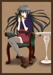  ankle_boots armchair black_hair book boots brown_eyes capelet chair floating_hair full_body grey_legwear highres long_hair lost_july one_eye_closed original sash sitting solo table thighhighs 
