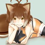  animal_ears arc_system_works blazblue blazblue:_continuum_shift breasts brown_eyes brown_hair chipmunk large_breasts laying_down lying makoto_nanaya smile squirrel tail 