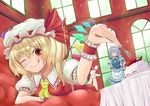  :q ;q apron ascot blonde_hair blush braid cake closed_eyes flandre_scarlet food fork fruit grey_hair hands_on_hips hat hat_ribbon hero_rice highres holding holding_fork izayoi_sakuya lying maid maid_headdress multiple_girls on_stomach one_eye_closed red_eyes ribbon saucer short_hair smile socks strawberry sweets tongue tongue_out touhou twin_braids window wings wrist_cuffs 