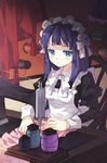  apron artist_request bangs blue_eyes blue_hair blunt_bangs bow breasts chair frills long_hair lowres maid maid_headdress medium_breasts ribbon sewing sewing_machine sitting solo sword_girls tailor upper_body 