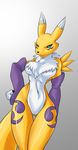  breasts canine chest_tuft digimon facial_markings female fox freelancemanga fur gloves looking_at_viewer mammal markings midriff nekonny pinup pok&eacute;morph pose renamon simple_background solo standing tuft 