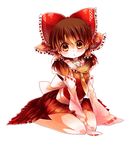  ascot bad_id bad_pixiv_id blush bow brown_eyes brown_hair child detached_sleeves dress hair_bow hair_tubes hakurei_reimu moyakami open_mouth red_dress simple_background sitting solo touhou 