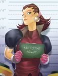  brown_hair capcom chin earrings female jewelry kobun lowres marvel_vs_capcom mugshot proud rockman rockman_dash servbot sign_holding solo tron_bonne turpentine 