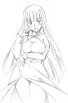  arika_anarchia_entheofushia blush breast_hold breastless_clothes breasts cleavage doujinshi dress greyscale highres k.m.station large_breasts long_hair mahou_sensei_negima! monochrome nipples solo 