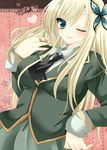  bad_id bad_pixiv_id blazer blonde_hair boku_wa_tomodachi_ga_sukunai breasts butterfly_hair_ornament gokugetsu_momo green_eyes hair_ornament hand_in_hair hand_on_hip heart highres jacket kashiwazaki_sena large_breasts long_hair one_eye_closed school_uniform smile solo st._chronica_academy_uniform 