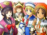  black_hair blonde_hair blue_eyes blush bow braid character_request closed_eyes collarbone dixie_cup_hat fujii_satoshi guild_sweetheart hair_tubes hat konaha_(monster_hunter) long_hair military_hat monster_hunter monster_hunter_3 monster_hunter_3_g monster_hunter_portable_3rd multiple_girls necktie purple_eyes quest_receptionist_(monster_hunter_3_ultimate) short_hair sidelocks single_braid tan twintails 