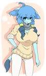  anthro big_breasts blue_eyes blush breasts clothed clothing ear_piercing earring eeveelution female glaceon hi_res huge_breasts kosyo looking_at_viewer nintendo pants piercing pinup pok&#233;mon pok&#233;morph pok&eacute;mon pok&eacute;morph pose shirt solo standing sweater video_games 