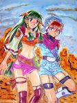  1girl feena_(grandia) grandia grandia_i holding_hands interlocked_fingers justin_(grandia) long_hair low-tied_long_hair marker_(medium) midriff miniskirt nakari_sai navel red_hair skirt sky thighhighs torn_clothes torn_legwear traditional_media watercolor_(medium) 