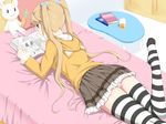 bed blonde_hair book lying on_bed on_stomach panties reading shougi_(116) skirt solo striped striped_legwear stuffed_animal stuffed_toy teddy_bear thighhighs twintails underwear 