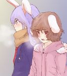  animal_ears bad_id bad_pixiv_id blush breath bunny_ears inaba_tewi jacket long_hair multiple_girls noko_(iamsimply2000) open_mouth purple_hair red_eyes reisen_udongein_inaba scarf short_hair touhou 