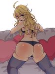  ahoge ass bad_ass bad_id bad_pixiv_id bent_over bikini black_bikini blonde_hair blush breasts couch cushion green_eyes happy heart highres hoshii_miki idolmaster idolmaster_(classic) leaning_forward long_hair looking_at_viewer looking_back medium_breasts messy_hair nikiro pillow sideboob skindentation smile solo swimsuit thighhighs 