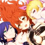  areola_slip areolae blonde_hair blue_hair blush breasts character_request collar dutch_angle gloves green_eyes hair_ribbon kousoku_otome_no_seikatai kyuujou_hina large_breasts long_hair looking_at_viewer multiple_girls nekoi_mie official_art open_mouth orange_hair ribbon short_hair spiked_collar spikes yellow_eyes 