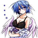  1girl bare_shoulders black_bra blue_hair blush bra breasts cleavage collarbone hair_ribbon half_updo hemogurobin_a1c large_breasts lingerie looking_at_viewer mai_(touhou) off_shoulder pink_eyes ribbon short_hair solo touhou touhou_(pc-98) underwear upper_body wings 