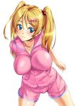  3: blonde_hair blue_eyes blush breasts hair_bobbles hair_ornament hairclip impossible_clothes large_breasts long_hair nimu original shorts solo twintails 