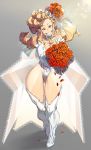  1girl absurdres bare_shoulders blonde_hair blue_eyes boots bouquet breasts bridal_veil cameltoe cleavage commentary commentary_typo detached_collar dress earrings elbow_gloves elf english_commentary eureka_brider flipped_hair flower forehead gloves gluteal_fold grin hair_flower hair_ornament head_tilt highleg highleg_leotard highres huge_breasts jewelry lens_flare leotard long_hair looking_at_viewer original outstretched_arms petals pointy_ears pompadour shiny shiny_skin smile solo thick_thighs thigh_boots thighhighs thighs veil wedding_dress white_footwear white_gloves white_leotard 